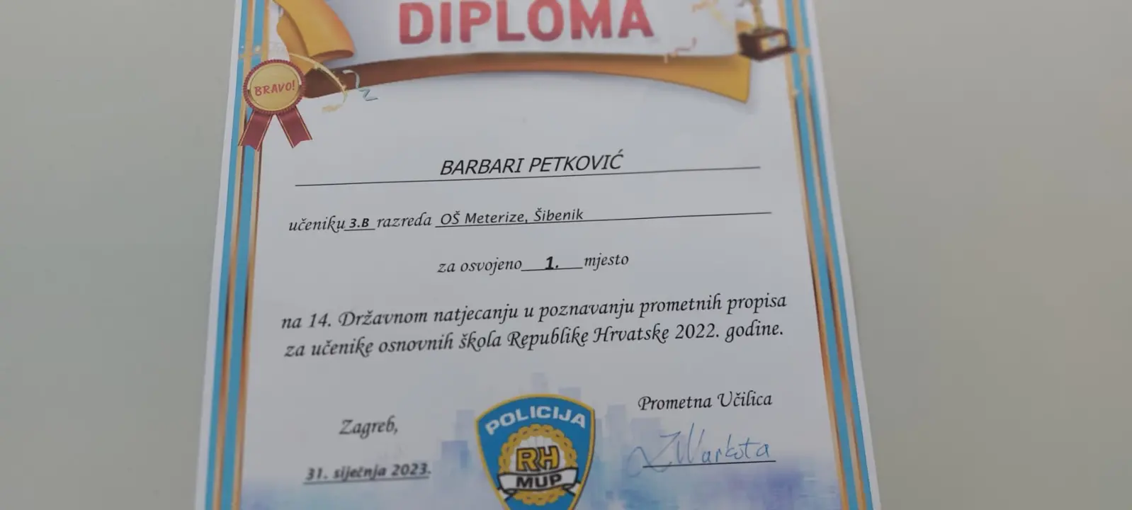 Izvanredan uspjeh učenika OŠ Meterize na državnom natjecanju iz Prometne učilice, Barbara Petković državna prvakinja 