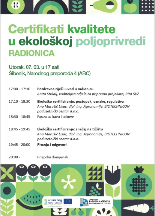U Šibeniku druga radionica posvećena ekološkoj poljoprivredi i proizvodnji, certifikatu kvalitete i eko oznakama